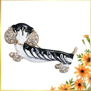 Dachshund Brooch /Pinback - Black & White Enamel Clear Crystals on Ears & Paws